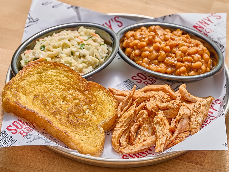 Pulled chicken Pitmaster Lunch Plate with two sides at Sonny's BBQ