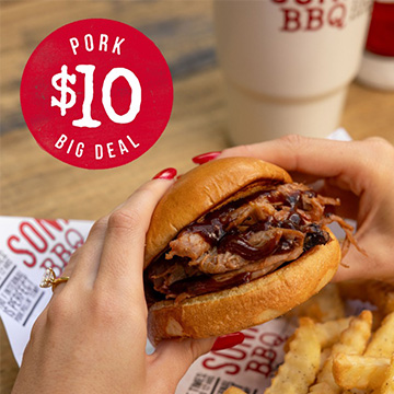 Two hands hold a Pulled Pork Sandwich above a plate with fries and a drink