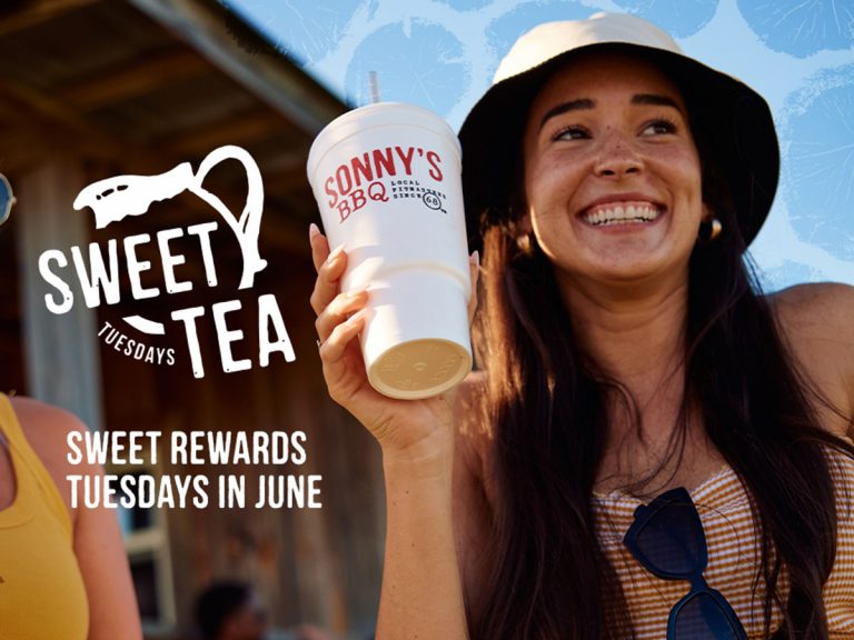 sweet tea tuesdays logo with text that reads sweet rewards tuesdays in june, girl holds styrofoam sonny's cup and smiles