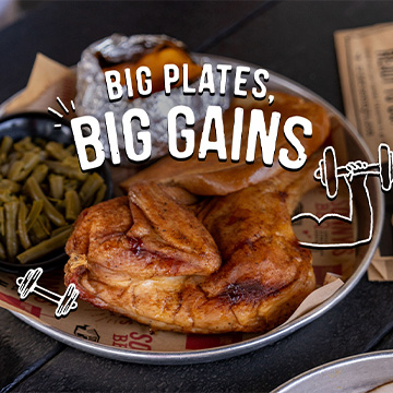 Plate of Sonny's Half Chicken sits on table, with text reading Big Plates, Big Gains