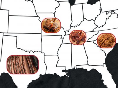 Map of United States with Four pictures placed above Texas, Missouri, Tennessee and the Carolinas of Brisket, Wet Ribs, Dry Rub Ribs and Pulled Pork respectively.