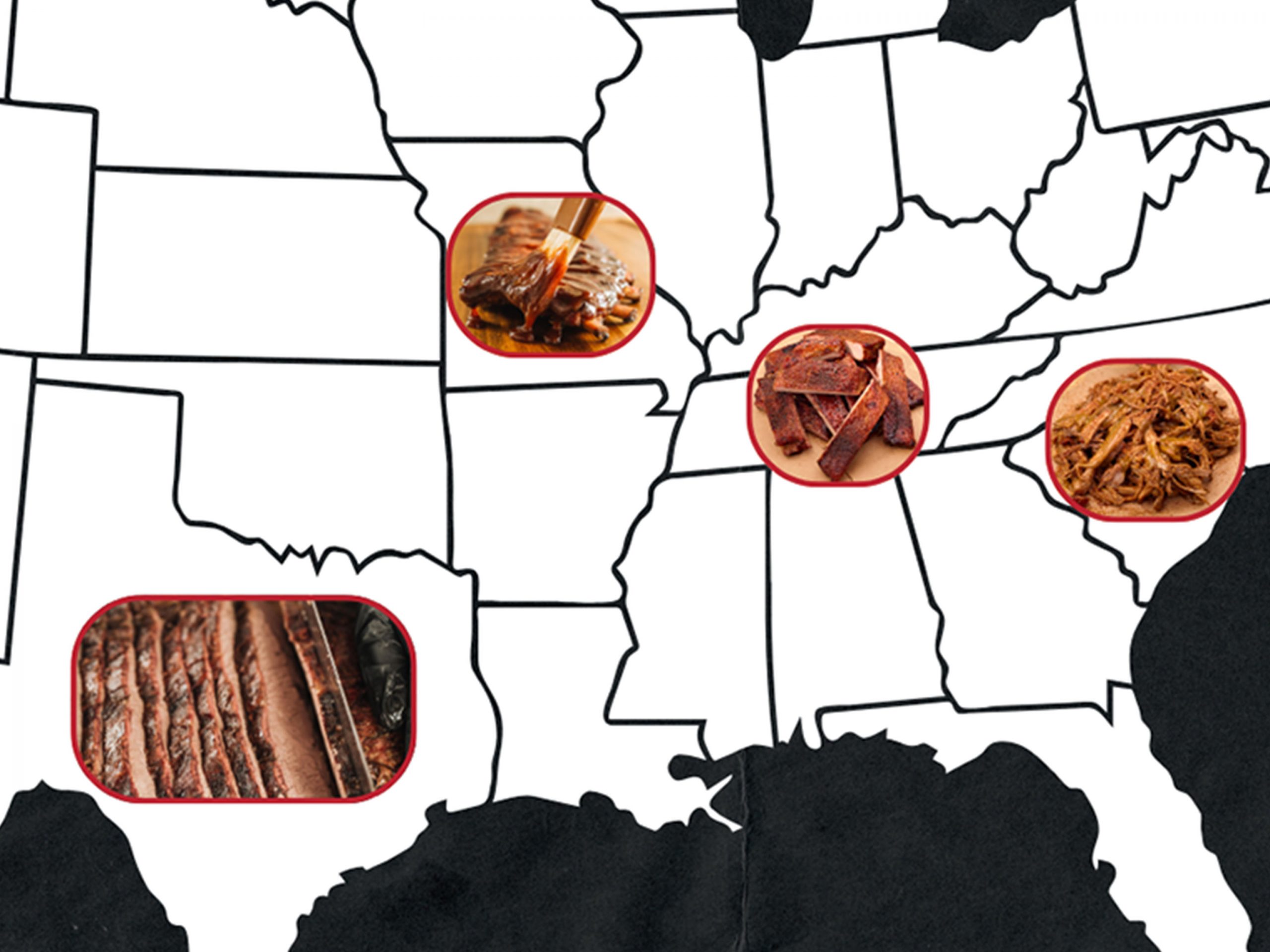 Map of United States with Four pictures placed above Texas, Missouri, Tennessee and the Carolinas of Brisket, Wet Ribs, Dry Rub Ribs and Pulled Pork respectively.