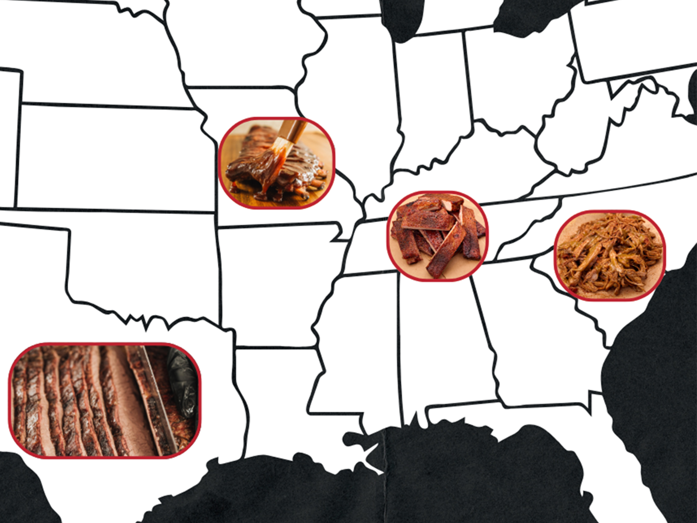 Map of United States with Four pictures placed above Texas, Missouri, Tennessee and the Carolinas of Brisket, Wet Ribs, Dry Rub Ribs and Pulled Pork respectively.