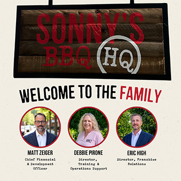 Sonny's BBQ HQ sign hangs above 