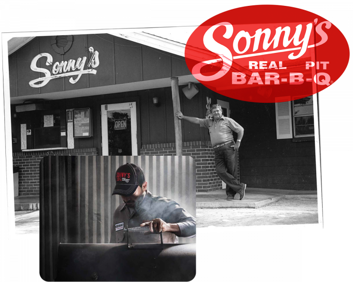 Sonny's Real Pit BBQ - Image of Sonny's founder in front of the original restaurant
