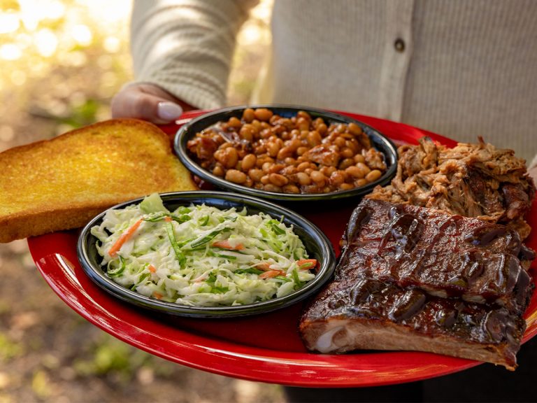 Person holds plate filled with St. Louis Ribs, Pulled Pork, BBQ Beans, Coleslaw and Garlic Bread.