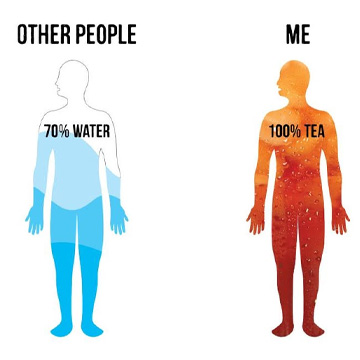Meme graphic shows two outlines of people, one filled with 70% water and the other with 100% tea