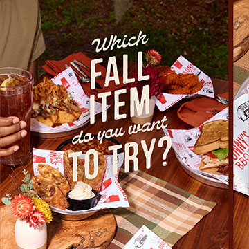 Tablescape of Fall Menu Items at Sonny's on table with text reading 