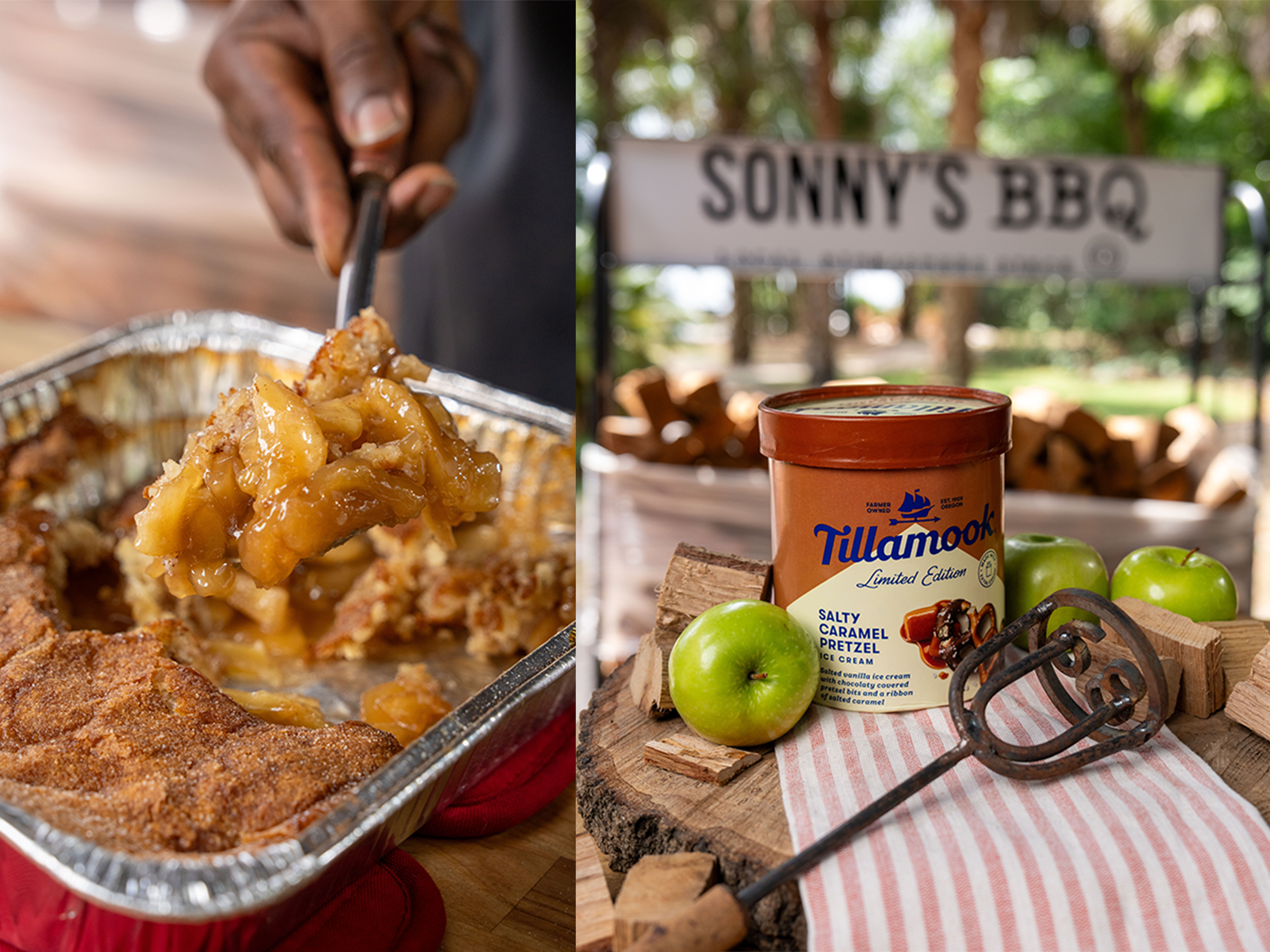 Side by side pictures, on left is Apple Cobbler being scooped from tin, and right is bucket of TIllamook Ice Cream on table