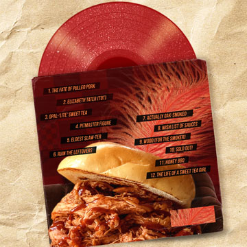 Album cover sits against background, music titles surround Pulled Pork Sandwich