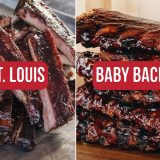 Racks of St. Louis next to Baby Back Ribs with a text overlay