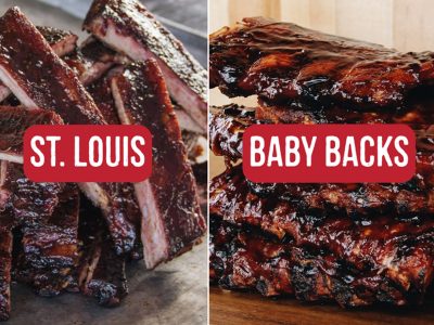 Racks of St. Louis next to Baby Back Ribs with a text overlay
