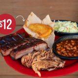 $12 Price Tag with arrows pointing to Pork & Rib Combo someone is holding up in front of Sonny's location