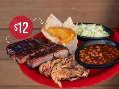 $12 Price Tag with arrows pointing to Pork & Rib Combo someone is holding up in front of Sonny's location