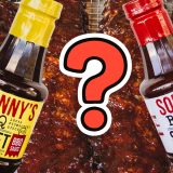 Two Sonny's Sauce bottles leaning toward each other over racks of ribs with a question mark between them