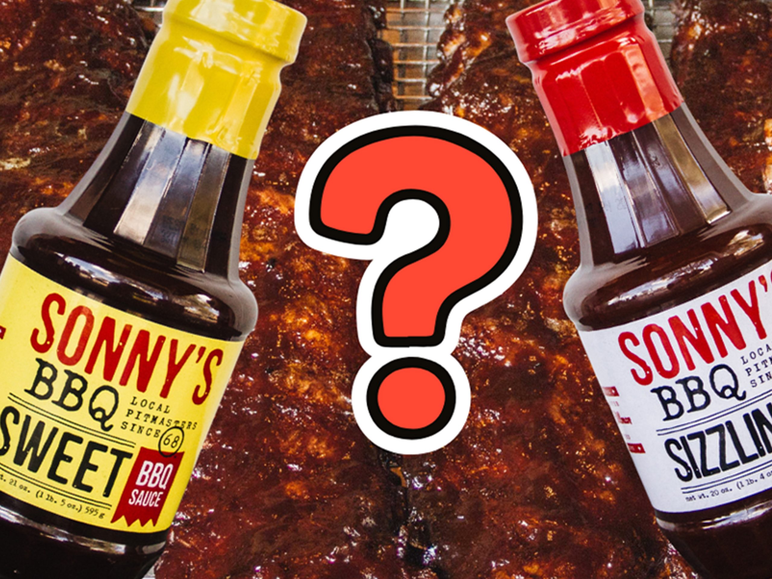 Two Sonny's Sauce bottles leaning toward each other over racks of ribs with a question mark between them