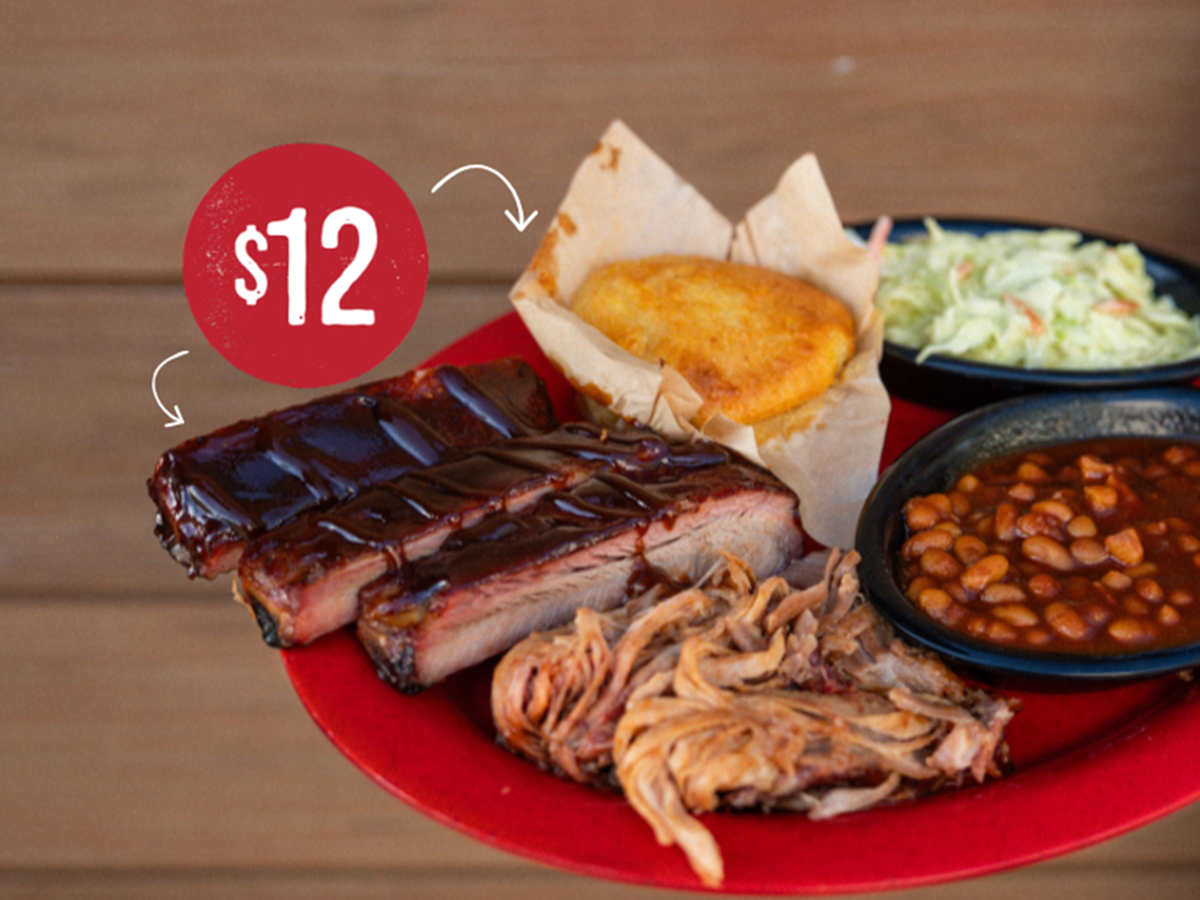 $12 Price Tag with arrows pointing to Pork & Rib Combo someone is holding up in front of Sonny's location