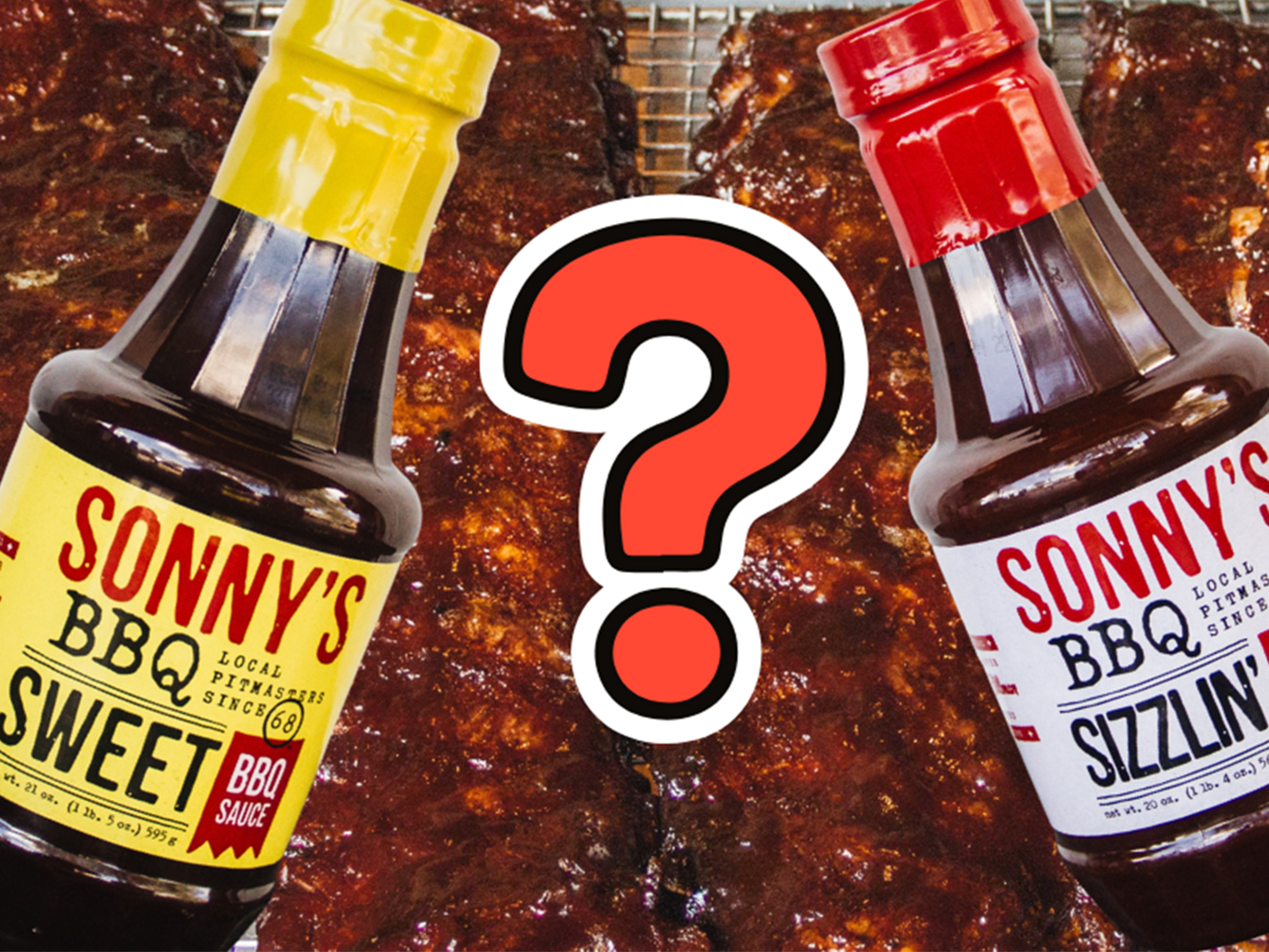 Two Sonny's Sauce bottles leaning toward each other over racks of ribs with a question mark between them