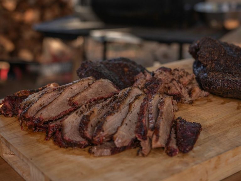 Sliced and Chopped Brisket sits on cutting board