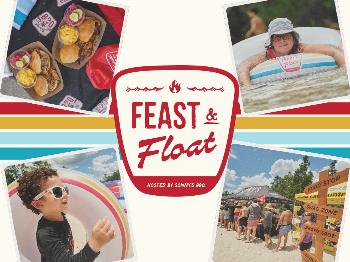 Four snapshots of Feast & Float with Logo in the middle